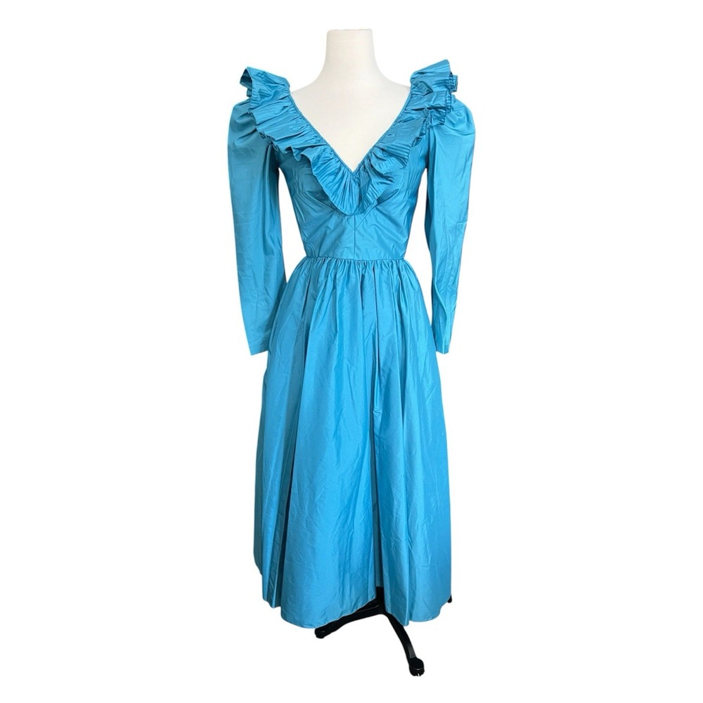 VTG 70s Lillie Rubin Blue Qiana Dress Ruffle Portrait Collar Size 8 Victorian